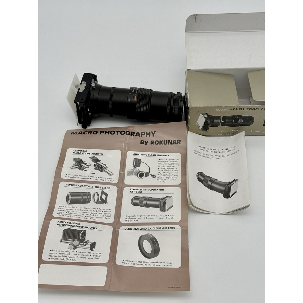 Rokunar Macro Zoom Slide Duplicator 1:1 to 2.5:1 35mm T Mount w/Box Manual Japan